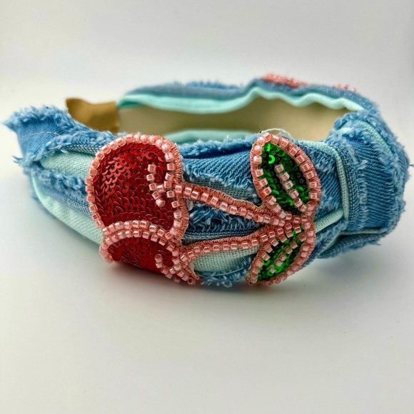 Accessories - Embellished Denim Headband with Cherry Design NEW